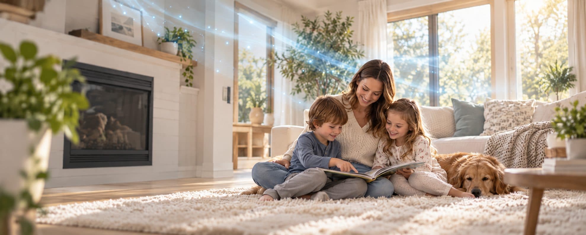 A parent reading with two children and the family dog in a sunny living room
